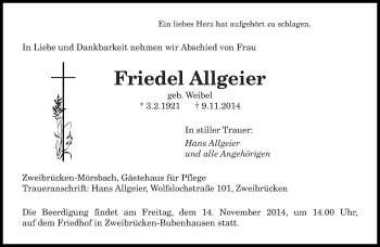 Todesanzeige von Friedel Allgeier von saarbruecker_zeitung