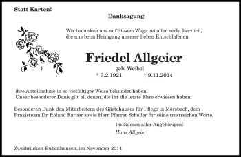 Todesanzeige von Friedel Allgeier von saarbruecker_zeitung