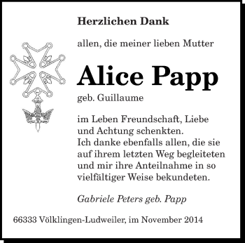 Todesanzeige von Alice Papp von saarbruecker_zeitung