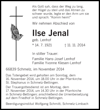Todesanzeige von Ilse Jenal von saarbruecker_zeitung