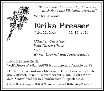 Todesanzeige von Erika Presser von saarbruecker_zeitung