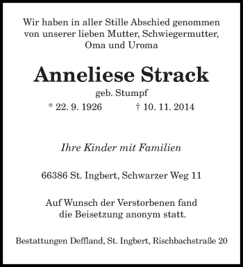 Todesanzeige von Anneliese Strack von saarbruecker_zeitung