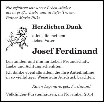 Todesanzeige von Josef Ferdinand von saarbruecker_zeitung