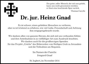 Todesanzeige von Heinz Gnad von saarbruecker_zeitung