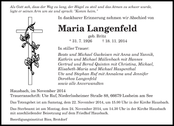 Todesanzeige von Maria Langenfeld von saarbruecker_zeitung