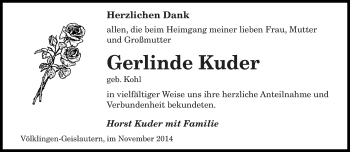 Todesanzeige von Gerlinde Kuder von saarbruecker_zeitung