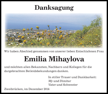 Todesanzeige von Emilia Mihaylova von saarbruecker_zeitung