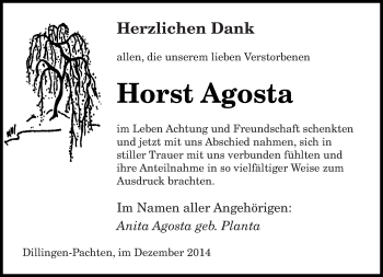 Todesanzeige von Horst Agosta von saarbruecker_zeitung