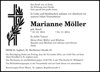 Todesanzeige von Marianne Möller von saarbruecker_zeitung