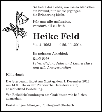 Todesanzeige von Heike Feld von saarbruecker_zeitung