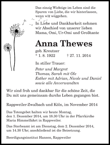 Todesanzeige von Anna Thewes von saarbruecker_zeitung