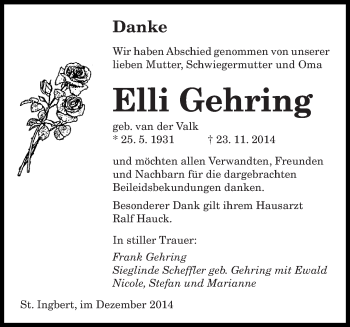 Todesanzeige von Elli Gehring von saarbruecker_zeitung