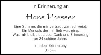 Todesanzeige von Hans Presser von saarbruecker_zeitung