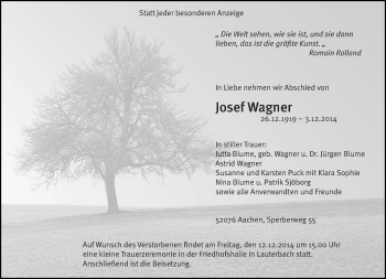 Todesanzeige von Josef Wagner von saarbruecker_zeitung
