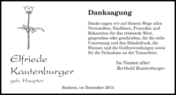 Todesanzeige von Elfriede Kautenburger von saarbruecker_zeitung