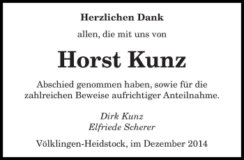 Todesanzeige von Horst Kunz von saarbruecker_zeitung