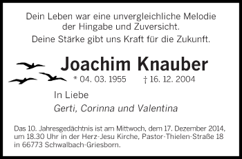 Todesanzeige von Joachim Knauber von saarbruecker_zeitung