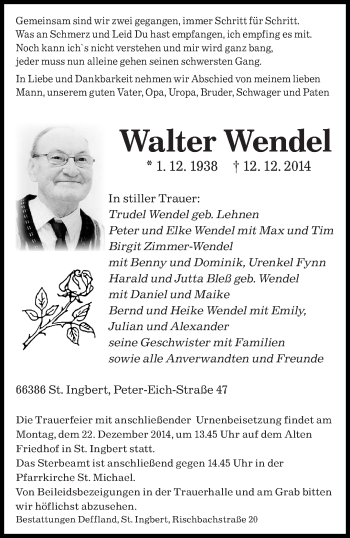 Todesanzeige von Walter Wendel von saarbruecker_zeitung