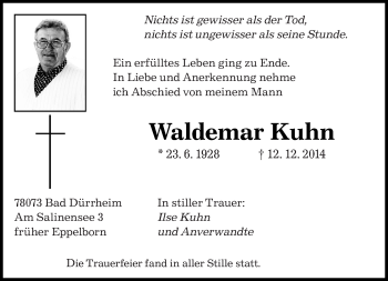 Todesanzeige von Waldemar Kuhn von saarbruecker_zeitung