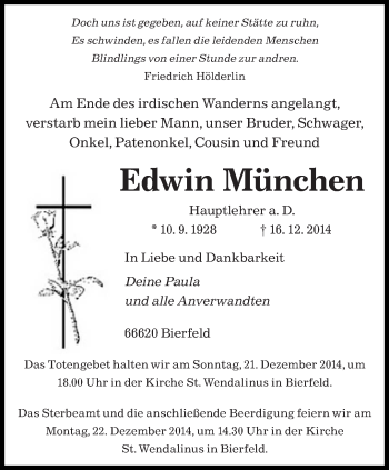 Todesanzeige von Edwin München von saarbruecker_zeitung