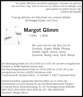 Todesanzeige von Margot Glimm von saarbruecker_zeitung