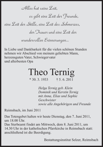 Todesanzeige von Theo Ternig von SAARBRÜCKER ZEITUNG