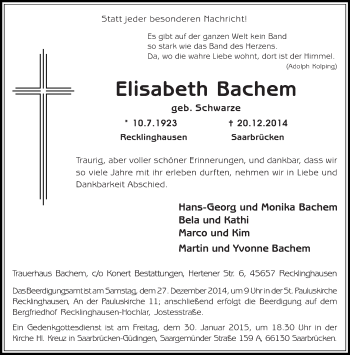 Todesanzeige von Elisabeth Bachem von saarbruecker_zeitung