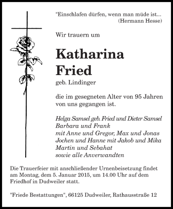 Todesanzeige von Katharina Fried von saarbruecker_zeitung