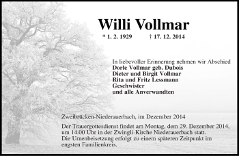 Todesanzeige von Willi Vollmar von saarbruecker_zeitung