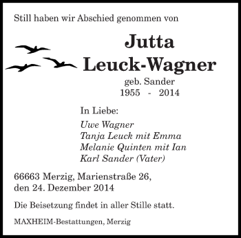 Todesanzeige von Jutta Leuck-Wagner von saarbruecker_zeitung