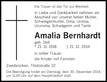 Todesanzeige von Amalia Bernhardt von saarbruecker_zeitung