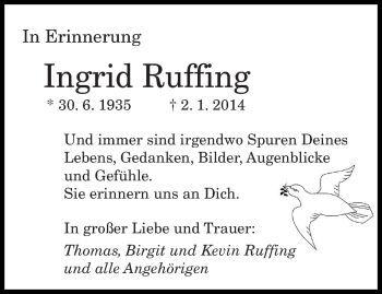 Todesanzeige von Ingrid Ruffing von saarbruecker_zeitung