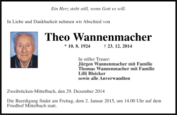 Todesanzeige von Theo Wannenmacher von saarbruecker_zeitung
