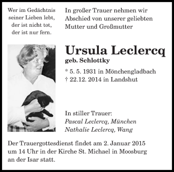 Todesanzeige von Ursula Leclercq von saarbruecker_zeitung