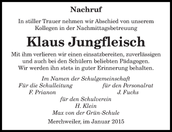 Todesanzeige von Klaus Jungfleisch von saarbruecker_zeitung
