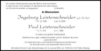 Todesanzeige von Ingeburg und Paul Leistenschneider von saarbruecker_zeitung
