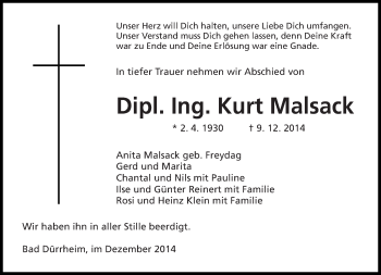 Todesanzeige von Kurt Malsack von saarbruecker_zeitung