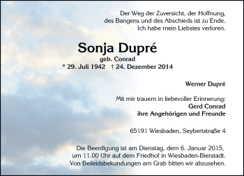 Todesanzeige von Sonja Dupré von saarbruecker_zeitung