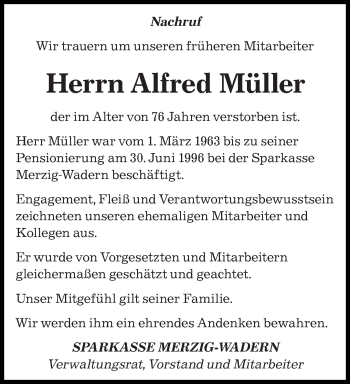 Todesanzeige von Alfred Müller von saarbruecker_zeitung