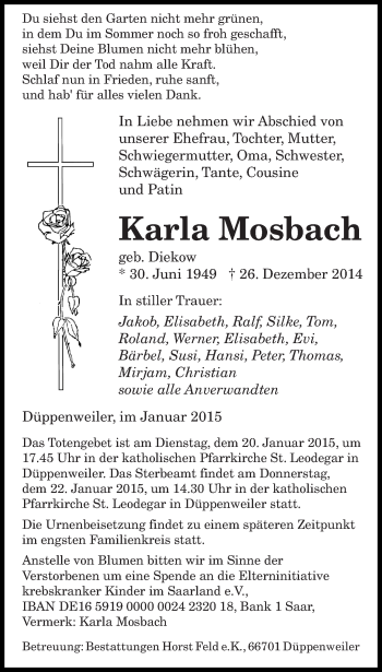 Todesanzeige von Karla Mosbach von saarbruecker_zeitung