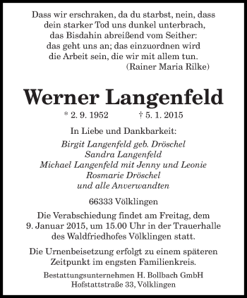 Todesanzeige von Werner Langenfeld von saarbruecker_zeitung