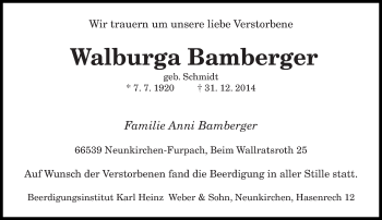 Todesanzeige von Walburga Bamberger von saarbruecker_zeitung