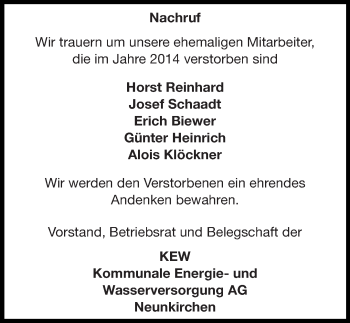 Todesanzeige von Nachruf Mitarbeiter KEW von saarbruecker_zeitung