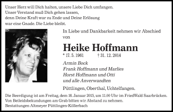 Todesanzeige von Heike Hoffmann von saarbruecker_zeitung