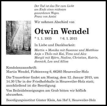 Todesanzeige von Otwin Wendel von saarbruecker_zeitung