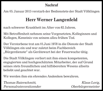Todesanzeige von Werner Langenfeld von saarbruecker_zeitung