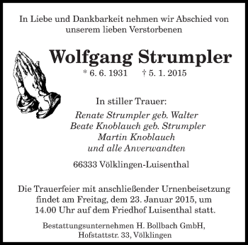 Todesanzeige von Wolfgang Strumpler von saarbruecker_zeitung