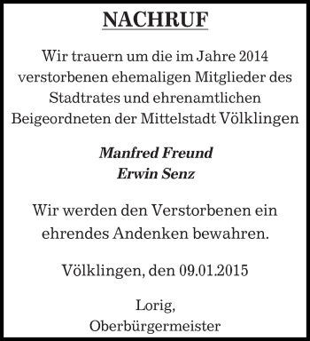 Todesanzeige von Manfred Freund von saarbruecker_zeitung