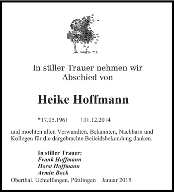 Todesanzeige von Heike Hoffmann von saarbruecker_zeitung