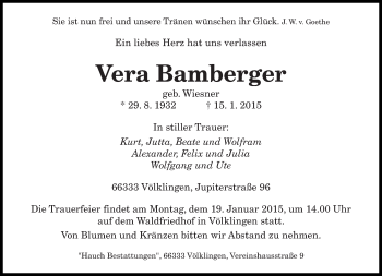 Todesanzeige von Vera Bamberger von saarbruecker_zeitung